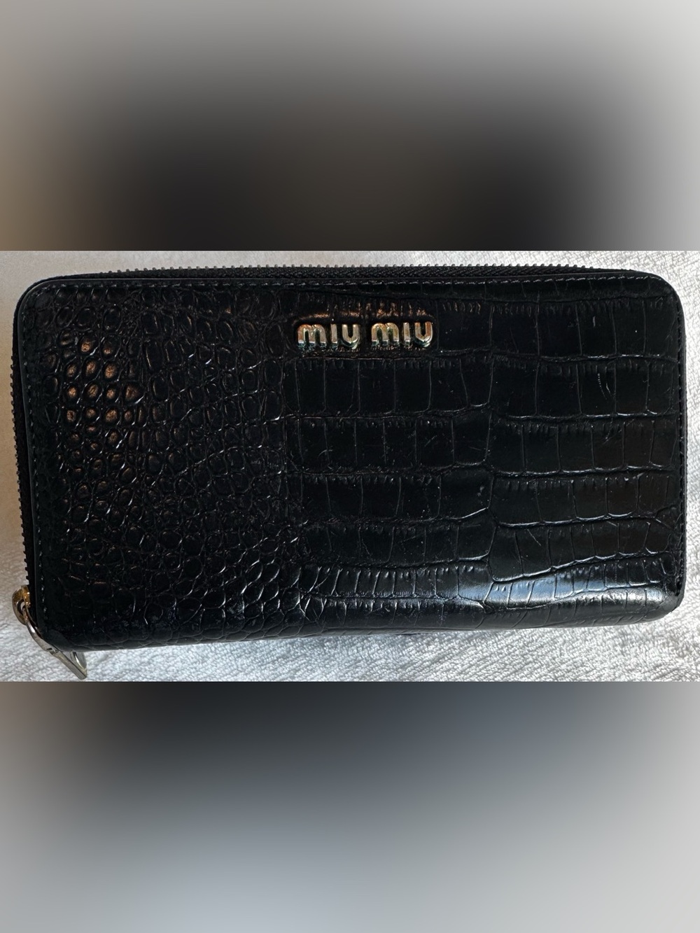Miu Miu Black Croc Embossed Leather Zip Around Wallet